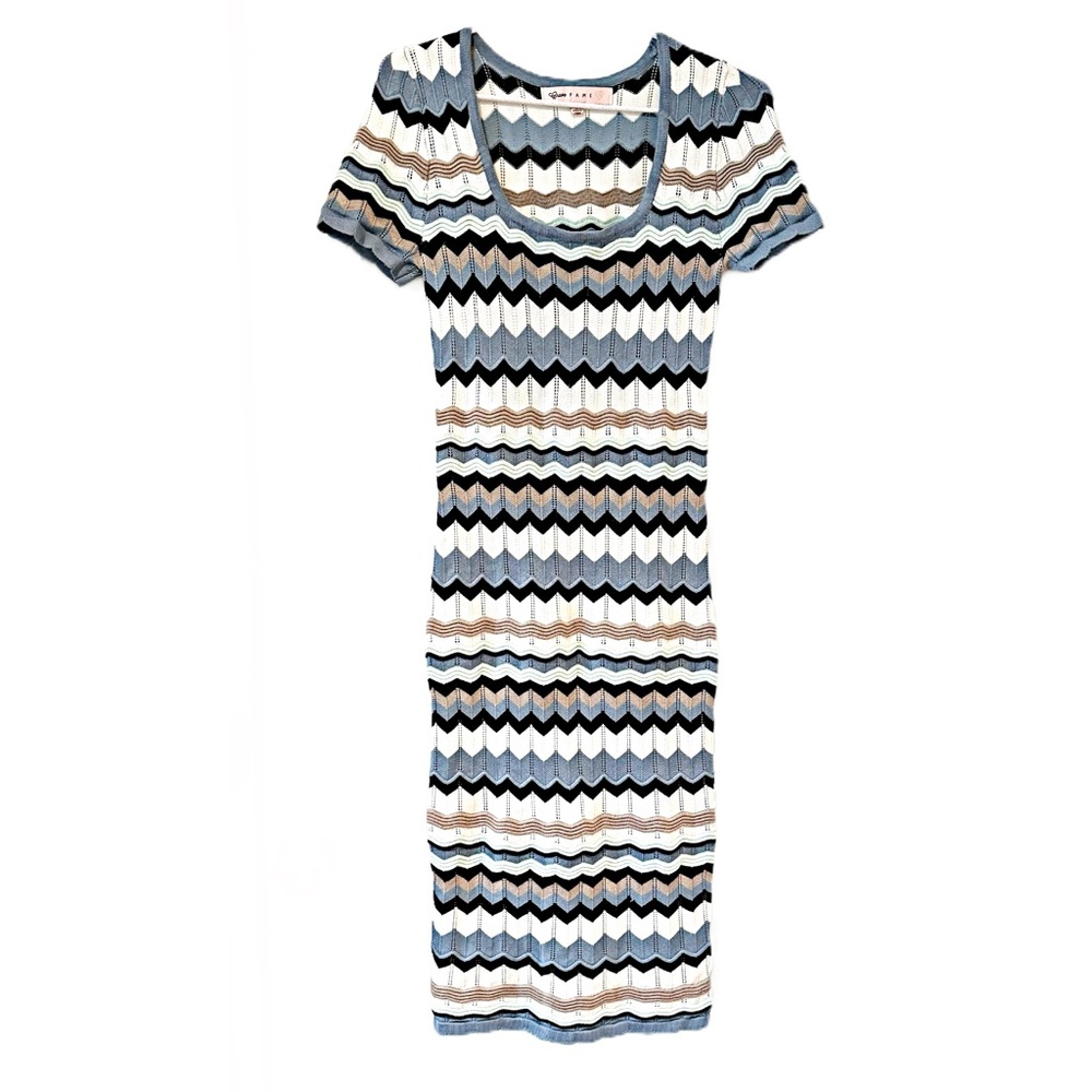 Crave Fame Chevron Knit Short Sleeve Scoop Neck Midi Dress Blue White Brown Sz S